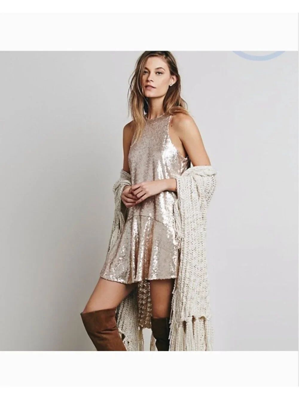Free People Liquid Shine Womens Mini Dress S Rose Gold Sequin Party EUC